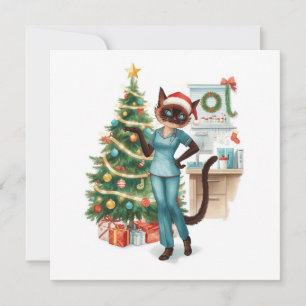 Nurse is decorating Christmas tree in hospital  Holiday Card