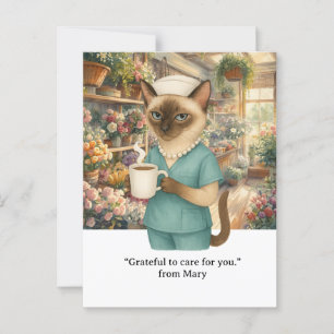 Nurse is drinking coffee in front of florist shop postcard
