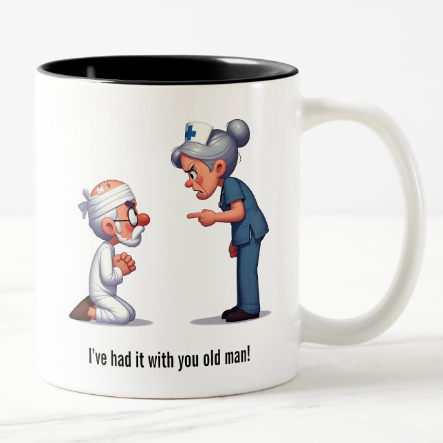 Nurse Knocks Down a Stubborn Elderly Patient Two-Tone Coffee Mug (Creator Uploaded)