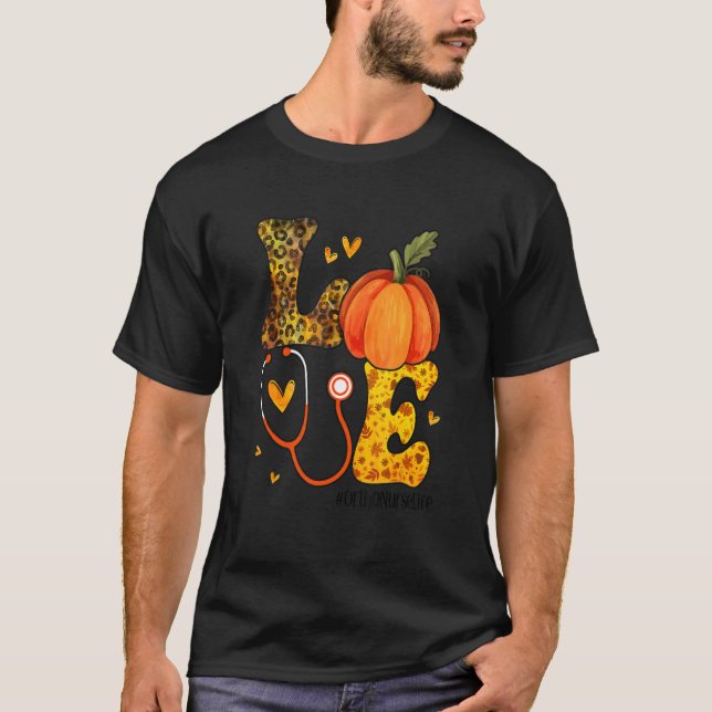 Nurse Leopard Pumpkin Thanksgiving Love Ortho Nurs T-Shirt (Front)