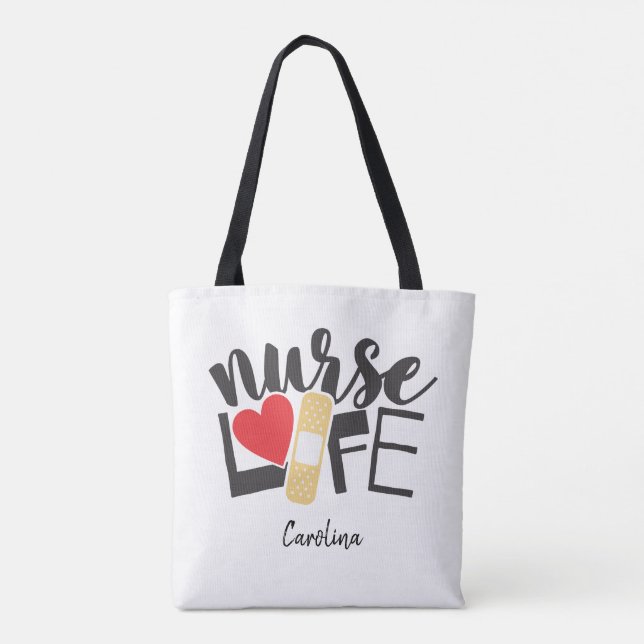 Nurse Life Bandage Heart Nursing School Name Tote Bag (Back)