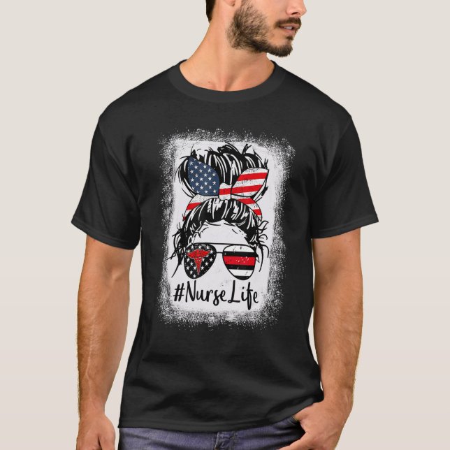 Nurse Life Bleached  Pink Leopard Messy Bun Nurse  T-Shirt (Front)