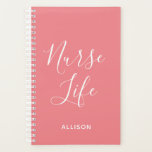 Nurse Life Medical Pink and White Personalized Planner<br><div class="desc">Keep up with your busy schedule in style with this Nurse Life Medical Pink and White Personalized Planner. It is a modern design with the text "nurse life" in big white trendy hand lettered script centred on the front of coral pink customizable planner. Name is across lower front. Click personalize...</div>
