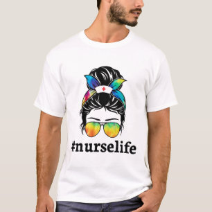 Nurse Life Messy Bun Girl with Glass Sublimation T-Shirt