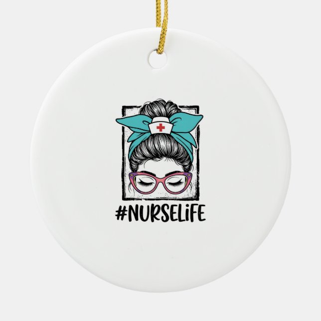 Nurse Life Messy Bun Rainbow Bow Vector Design_1 Ceramic Ornament (Front)