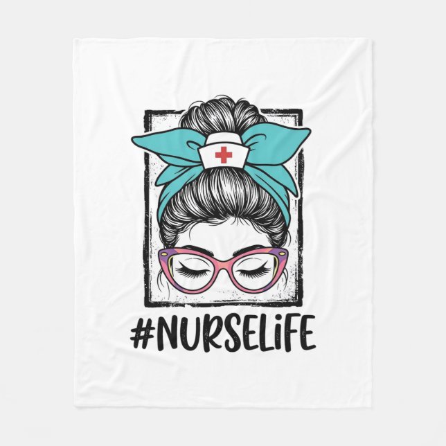 Nurse Life Messy Bun Rainbow Bow Vector Design_1 Fleece Blanket (Front)