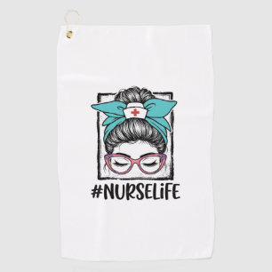Nurse Life Messy Bun Rainbow Bow Vector Design_1 Golf Towel
