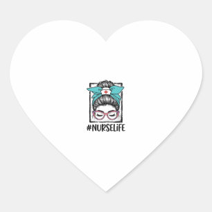 Nurse Life Messy Bun Rainbow Bow Vector Design_1 Heart Sticker
