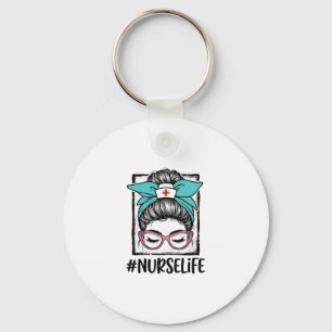Nurse Life Messy Bun Rainbow Bow Vector Design_1 Keychain