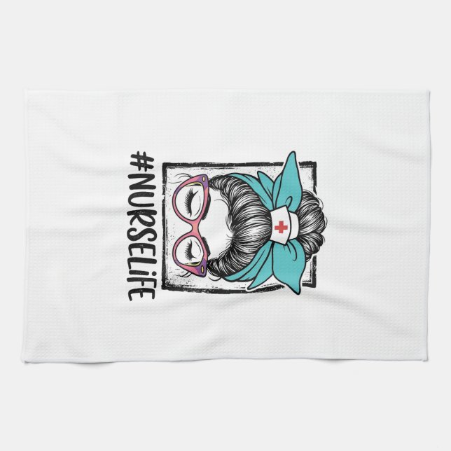 Nurse Life Messy Bun Rainbow Bow Vector Design_1 Kitchen Towel (Horizontal)