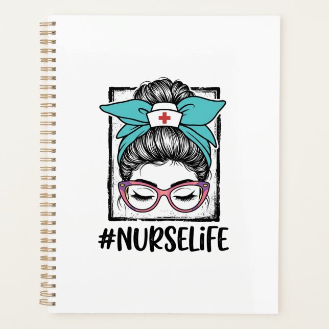 Nurse Life Messy Bun Rainbow Bow Vector Design_1 Planner (Front)