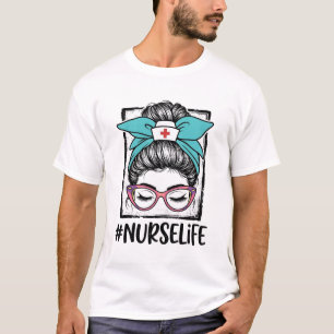 Nurse Life Messy Bun Rainbow Bow Vector Design_1 T-Shirt