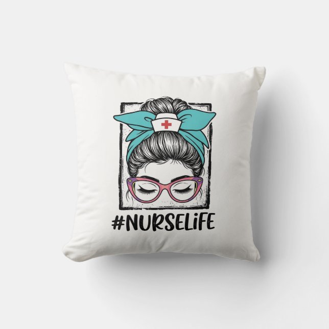 Nurse Life Messy Bun Rainbow Bow Vector Design_1 Throw Pillow (Front)