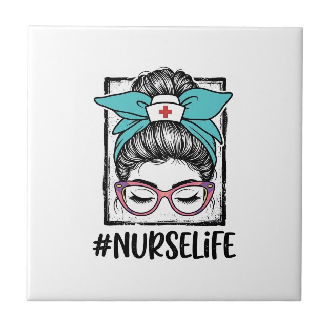 Nurse Life Messy Bun Rainbow Bow Vector Design_1 Tile (Front)