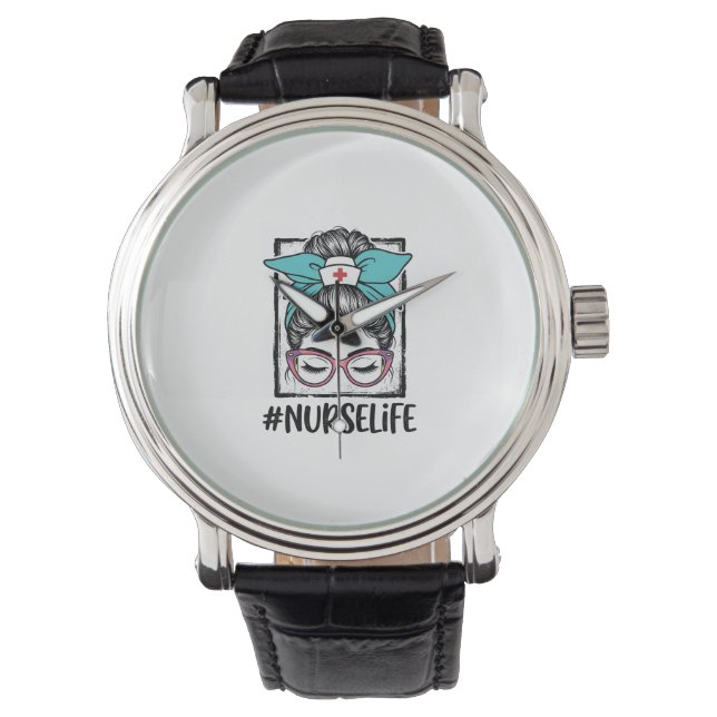 Nurse Life Messy Bun Rainbow Bow Vector Design_1 Watch (Front)