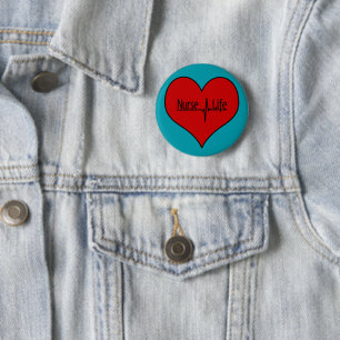 Nurse Life - Red EKG Heart on Bright Blue 2 Inch Round Button