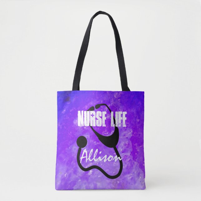 Nurse Life Stethoscope Purple Personalized Tote Bag (Front)