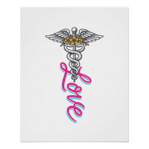 Nurse Love Caduceus Floral Medical Vertical Design Poster