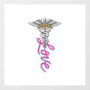 Nurse Love Caduceus Floral Medical Vertical Design Window Cling