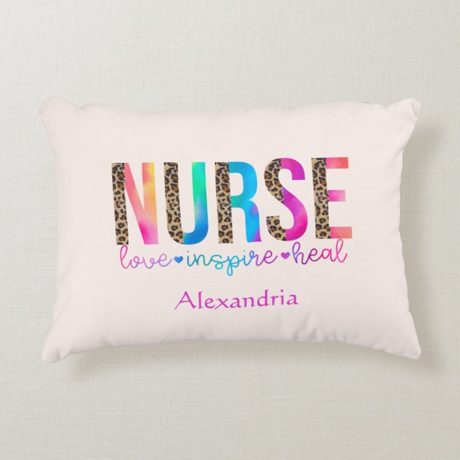 "Nurse - Love, Inspire, Heal" in Rainbow Colour Accent Pillow (Front)