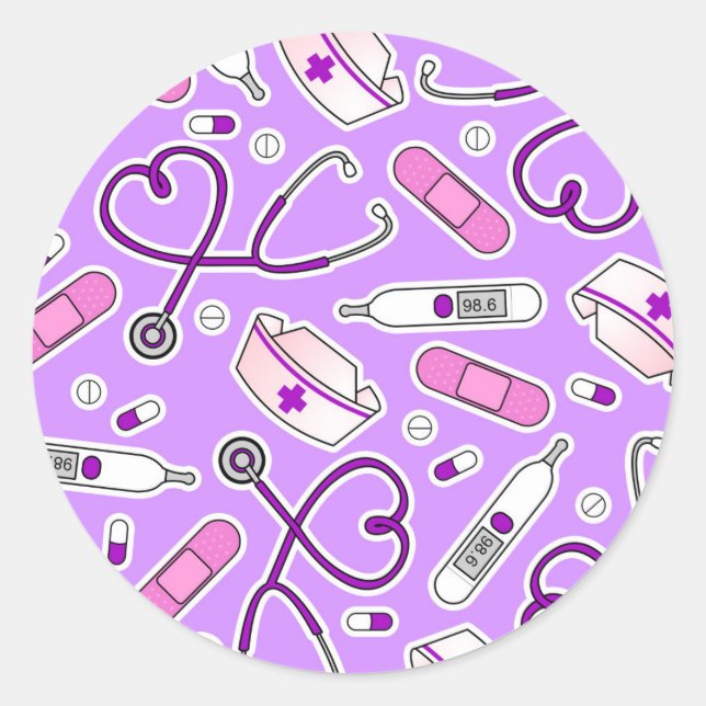 Nurse Love Pattern Purple Classic Round Sticker (Front)