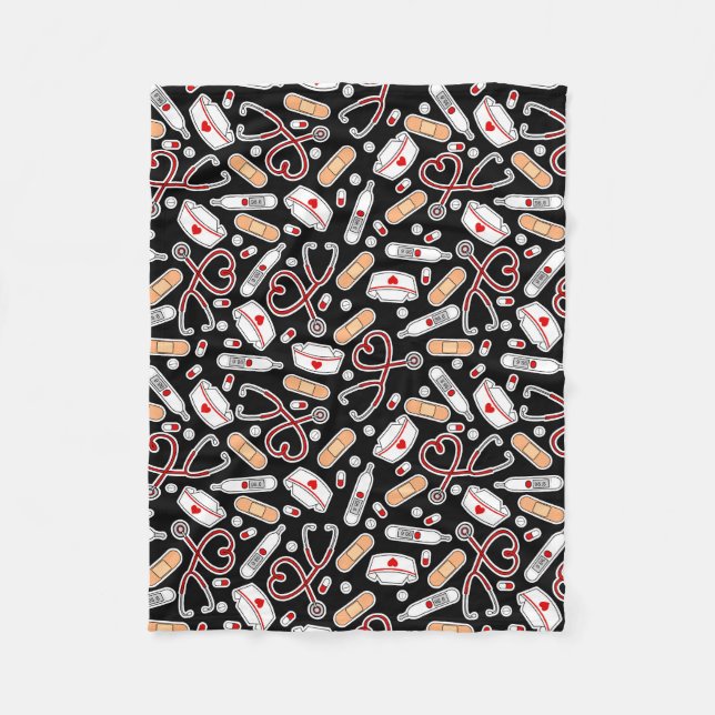 Nurse Love Print Black Background Fleece Blanket (Front)