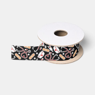 Nurse Love Print Black Background Satin Ribbon