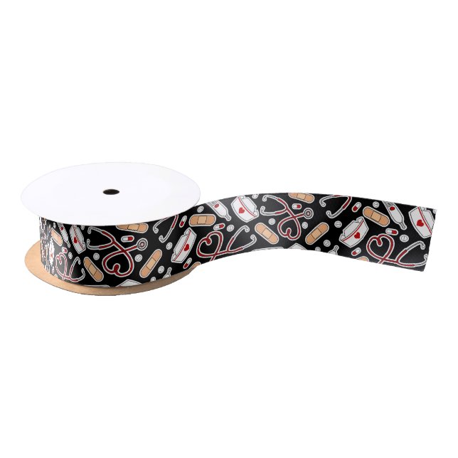 Nurse Love Print Black Background Satin Ribbon (Spool)