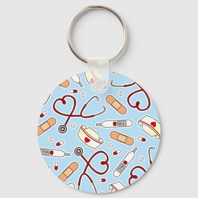 Nurse Love Print Blue Background Keychain (Front)