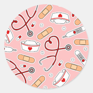 Nurse Love Print Pink Background Classic Round Sticker