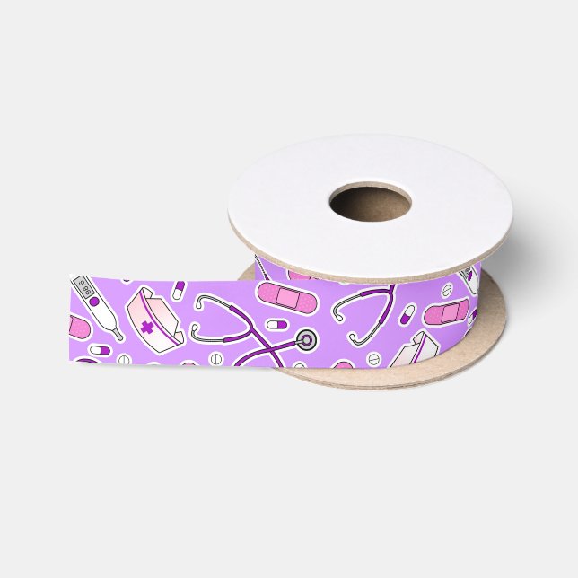 Nurse Love Print Purple Background Satin Ribbon (Spool)