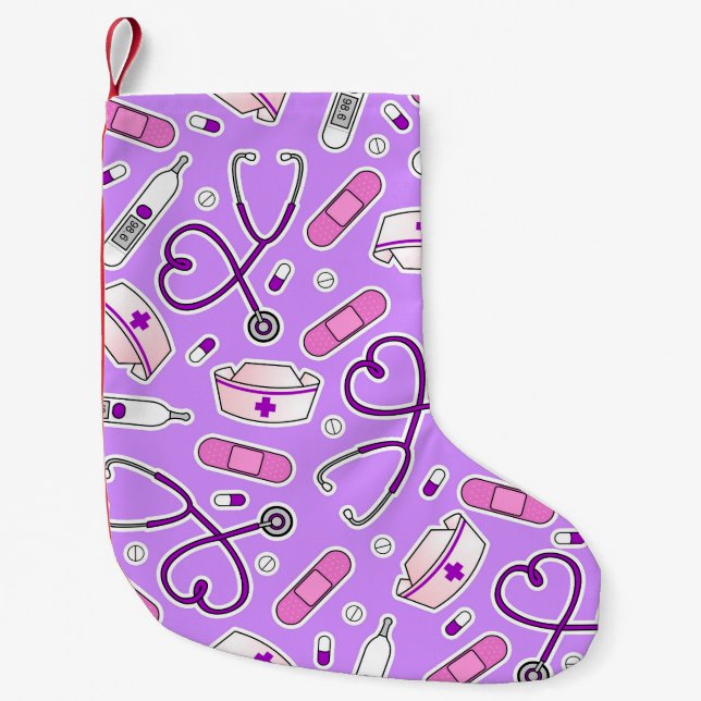 Nurse Love Print Purple Background Small Christmas Stocking (Front)