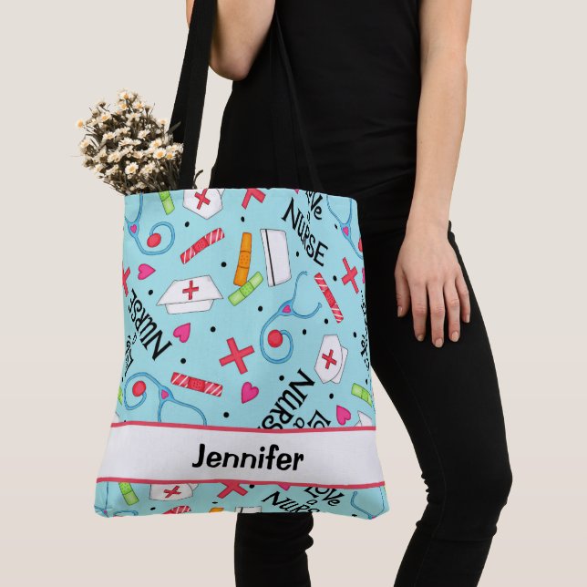 Nurse Medical Art Light Blue Name Personalized Tote Bag (Close Up)