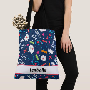 Nurse Medical Art Navy Blue Name Personalized Tote Bag