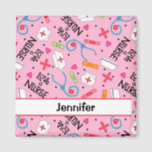 Nurse Medical Art Pink Personalized Name Badge Magnet<br><div class="desc">Cute and whimsy nurse art on this magnet or badge that is great for a nurse. Personalize with a name on a white band with red edging that goes across the bag. You can delete the personalization if you don’t want it. The hand drawn lettered words Love a Nurse are...</div>