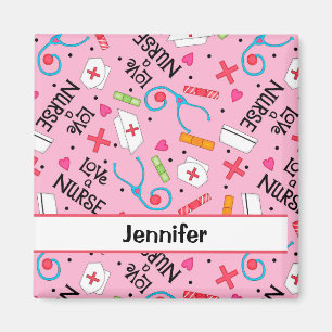 Nurse Medical Art Pink Personalized Name Badge Magnet