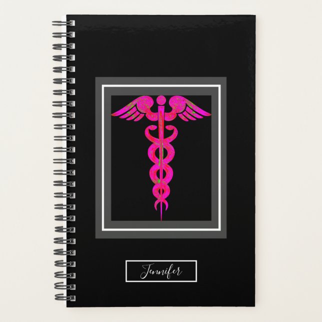 Nurse Medical Black Pink Caduceus Symbol Name Planner (Front)