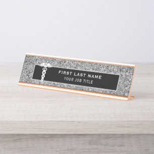 Nurse Medical Caduceus Black Silver Glitter  Desk Name Plate