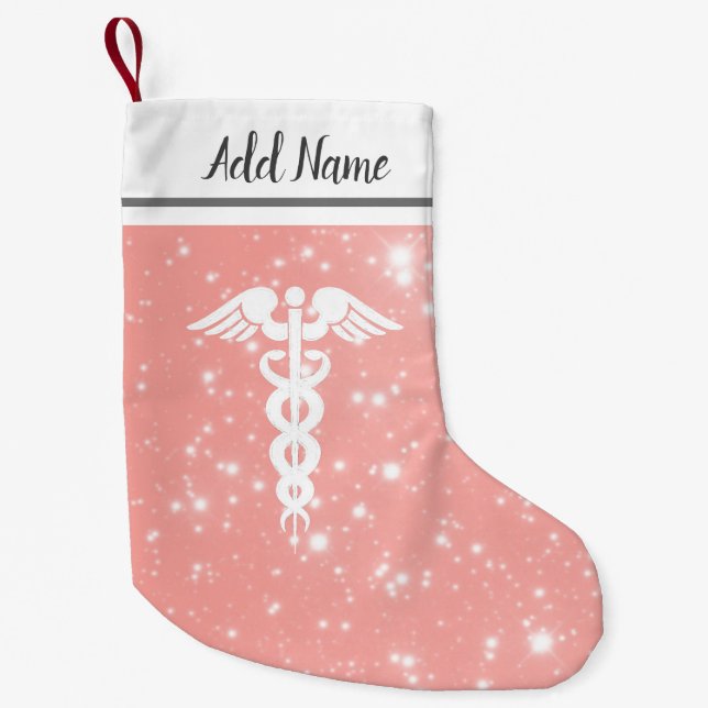 Nurse Medical Caduceus Blush Pink Faux Glitter Small Christmas Stocking (Front)