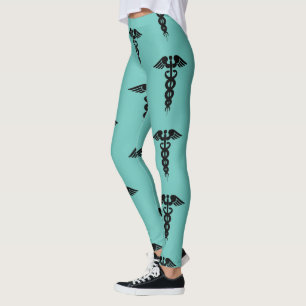 Nurse Medical Caduceus Pattern Teal Black Leggings