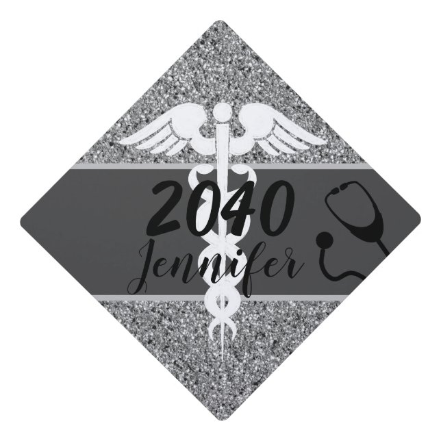 Nurse Medical Caduceus Silver Glitter Personalized Graduation Cap Topper (Front)