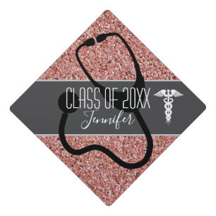 Nurse Medical Caduceus Stethoscope Pink Glitter Graduation Cap Topper