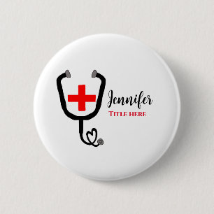 Nurse medical doctor red plus stethoscope add name 2 inch round button