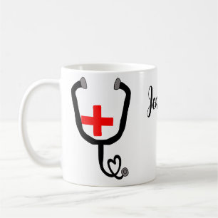 Nurse medical doctor red plus stethoscope add name coffee mug