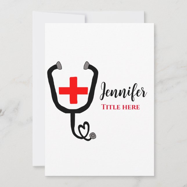 Nurse medical doctor red plus stethoscope add name holiday card (Front)