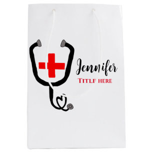 Nurse medical doctor red plus stethoscope add name medium gift bag