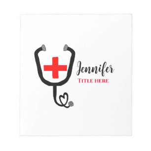 Nurse medical doctor red plus stethoscope add name notepad
