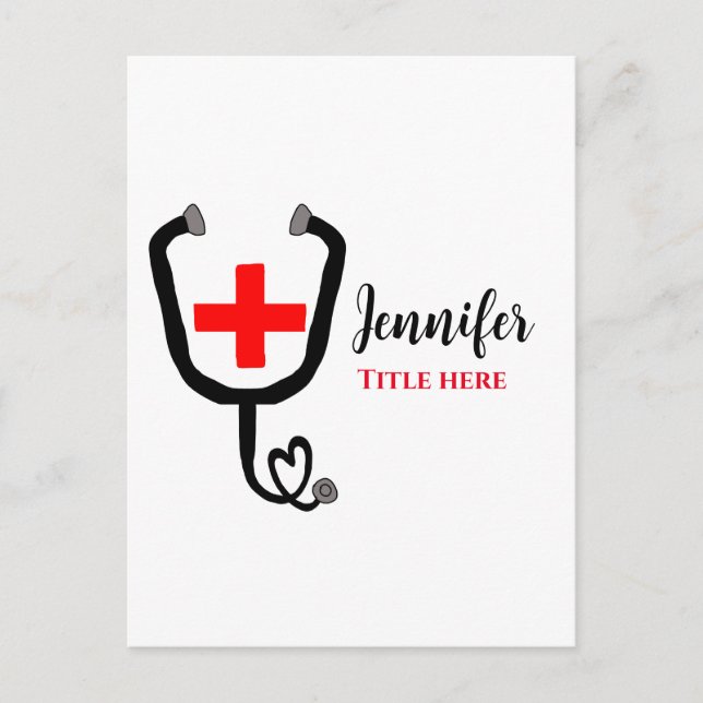 Nurse medical doctor red plus stethoscope add name postcard (Front)