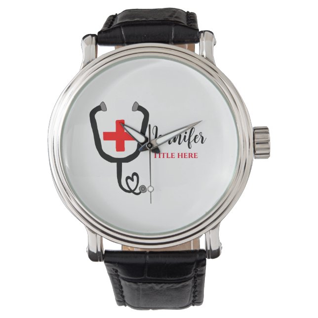 Nurse medical doctor red plus stethoscope add name watch (Front)