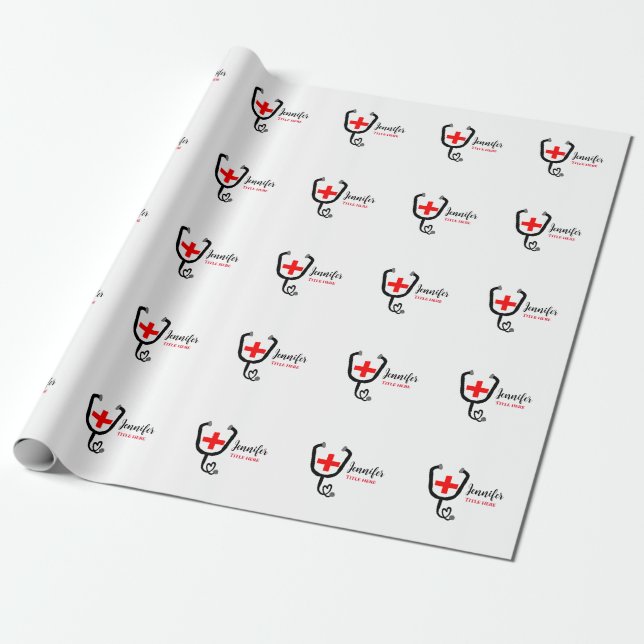 Nurse medical doctor red plus stethoscope add name wrapping paper (Unrolled)